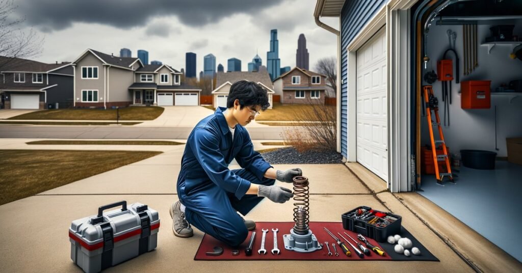 Garage door repair technician inspecting spring mechanism on a Buffalo Grove IL home
