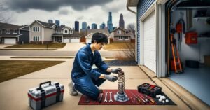 Garage door repair technician inspecting spring mechanism on a Buffalo Grove IL home
