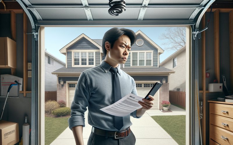 Buffalo Grove homeowner reviewing a surprise garage door repair estimate next to a broken torsion spring