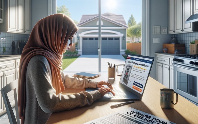 Homeowner researching garage door repair company reviews and quotes in Buffalo Grove IL