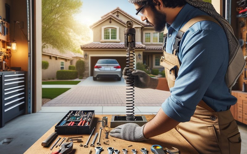 Technician replacing a garage door torsion spring during a repair job in the Chicago suburbs