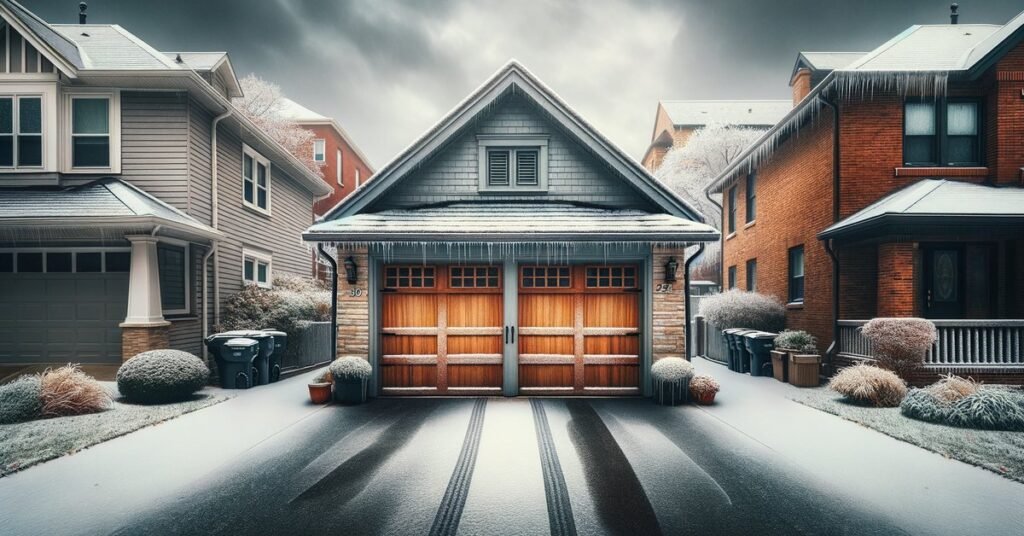 Frost-covered residential garage door showing wear and rust in Arlington Heights IL before Chicago winter
