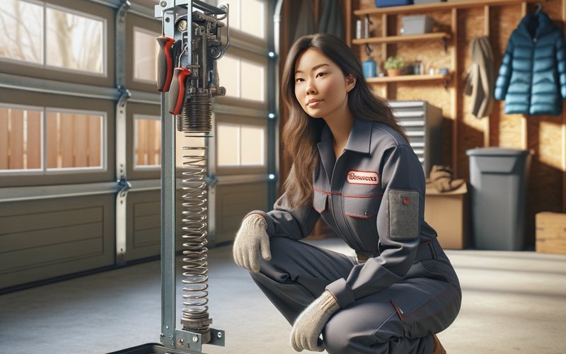 Garage door repair technician replacing spring in Arlington Heights IL home during winter service call