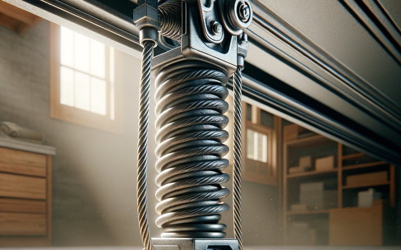 Frayed garage door cable and worn spring causing uneven door movement in Chicago area home