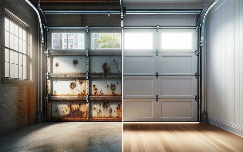 Old damaged garage door panel next to a new replacement door in a Chicago garage