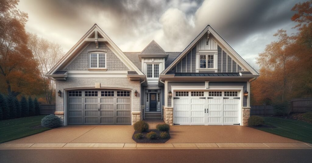 Comparison of an old damaged garage door next to a new replacement door on a residential street in Evanston, IL