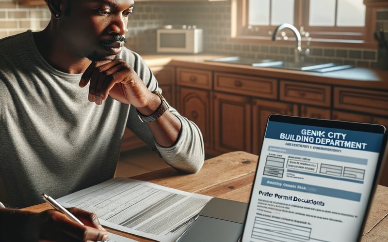Homeowner reviewing Evanston, IL garage door permit requirements at home before scheduling replacement