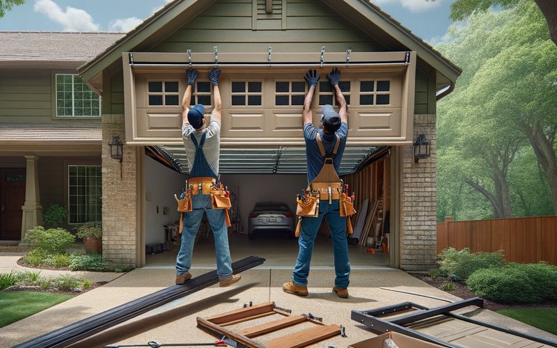 Contractors installing a new garage door on a home in Evanston, IL during a full replacement project
