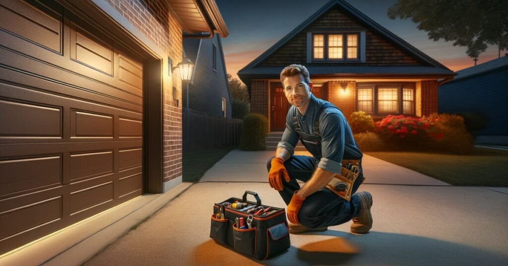 A technician performing 24 hour garage door repair on a Chicago residential home late at night with tools on the driveway