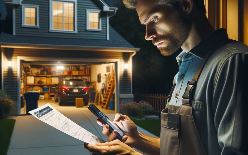 Morton Grove homeowner reviewing an after-hours emergency garage door repair invoice at night, comparing quoted price to expected costs