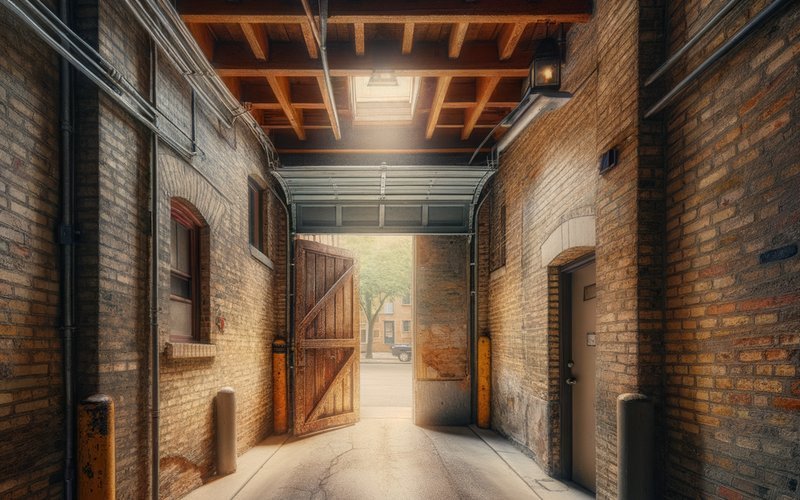 Interior of an Arlington Heights alley garage with brick masonry jambs and low headroom typical of Chicago greystone two-flat construction