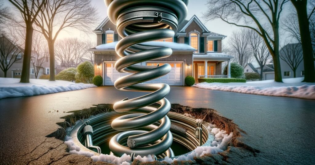 A snapped torsion spring above a residential garage door in Evanston, IL, showing the visible coil break typical of a broken garage door spring Chicago emergency call