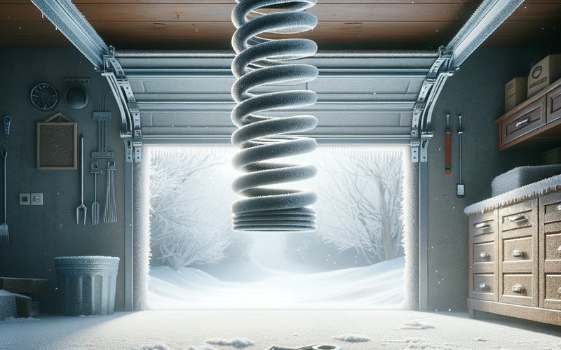 A broken torsion spring on a garage door in a Vernon Hills home during cold winter weather showing a visible gap in the coil
