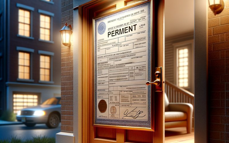 Official Chicago Department of Buildings permit document posted on a garage door frame for a residential repair project