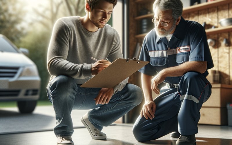 Homeowner reviewing emergency garage door repair costs with a technician inside a Chicago garage at night