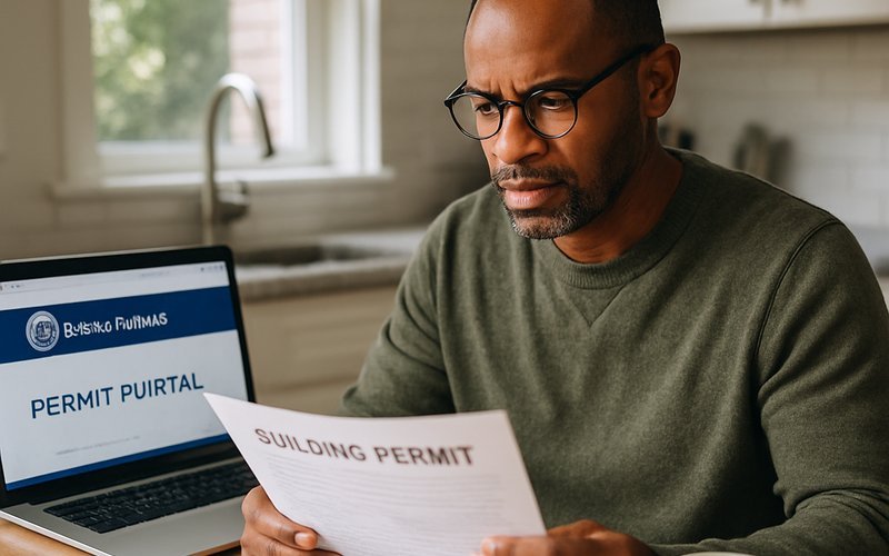 Chicago homeowner reviewing garage door permit requirements on the City of Chicago Department of Buildings portal