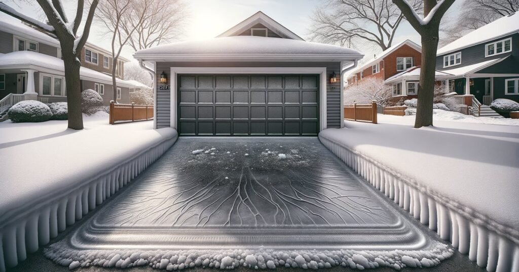 Ice and frost damage on a residential garage door during a Chicago winter in Oak Park IL illustrating common weather-related garage door problems