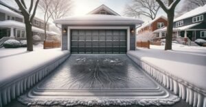 Ice and frost damage on a residential garage door during a Chicago winter in Oak Park IL illustrating common weather-related garage door problems