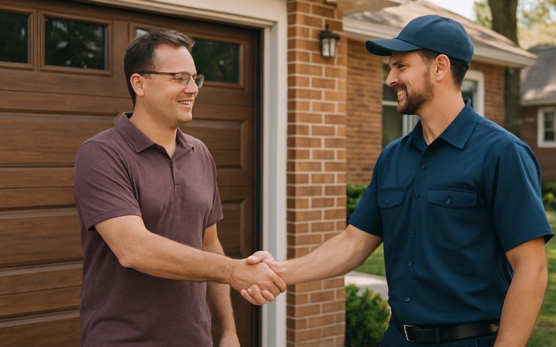 Homeowner shaking hands with a contractor after a completed north side Chicago garage door installation