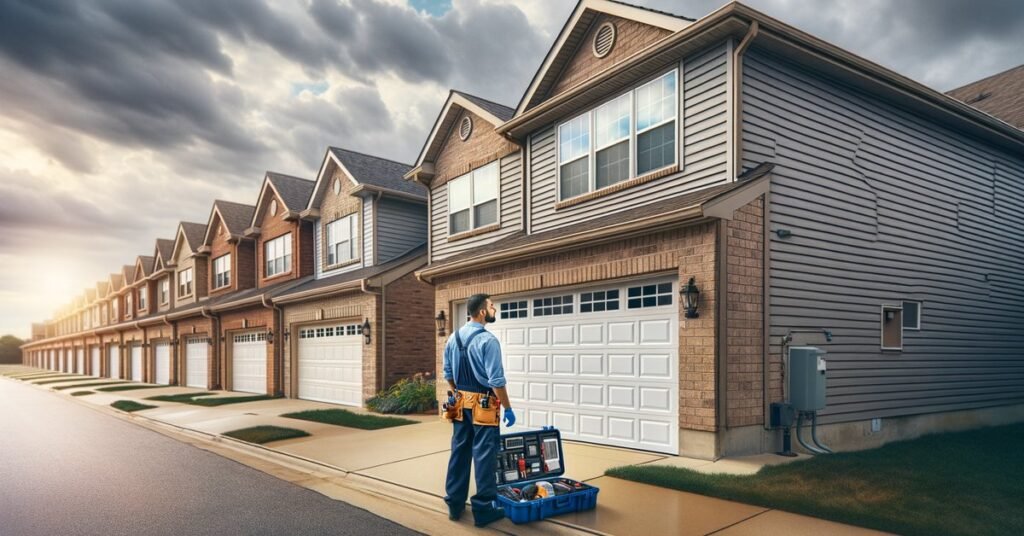 A garage door technician inspecting a condo garage door in a Schaumburg, IL HOA community with a row of attached townhome garages behind him.