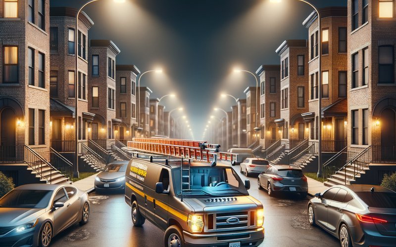 Emergency garage door repair van arriving at a Chicago neighborhood residence late at night