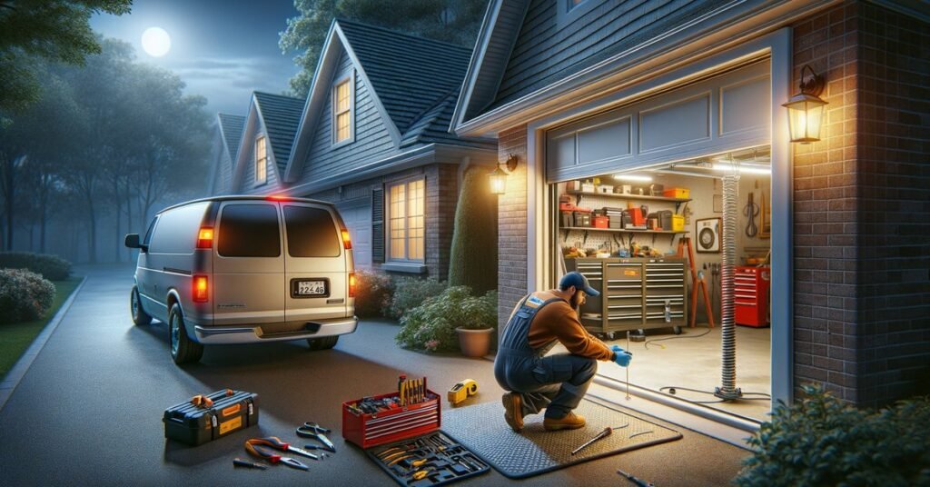 A technician performing emergency garage door repair on a Morton Grove IL home at dusk, tools visible and service van parked nearby