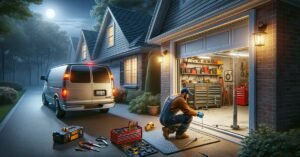 A technician performing emergency garage door repair on a Morton Grove IL home at dusk, tools visible and service van parked nearby