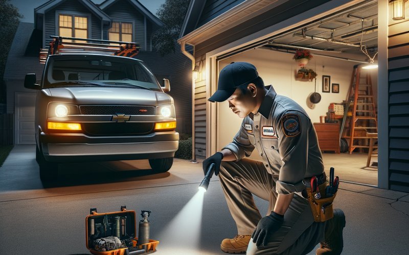 An after-hours garage door spring repair technician working on a broken spring at night in an Evanston, IL driveway, illustrating the cost difference between emergency and next-day service
