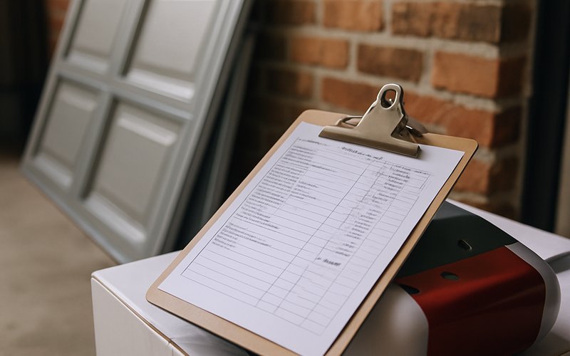 Cost estimate clipboard for garage door installation in Chicago with steel door panels staged against a brick garage