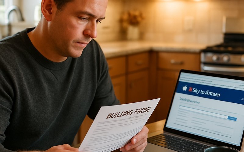 Homeowner reviewing Chicago building permit documents for a garage door installation project