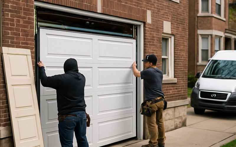 New garage door installation in progress on a Chicago residential two-flat building