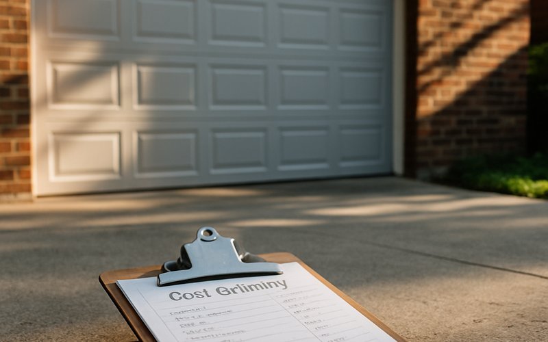 Cost estimate clipboard on a Chicago driveway during a north side garage door installation project