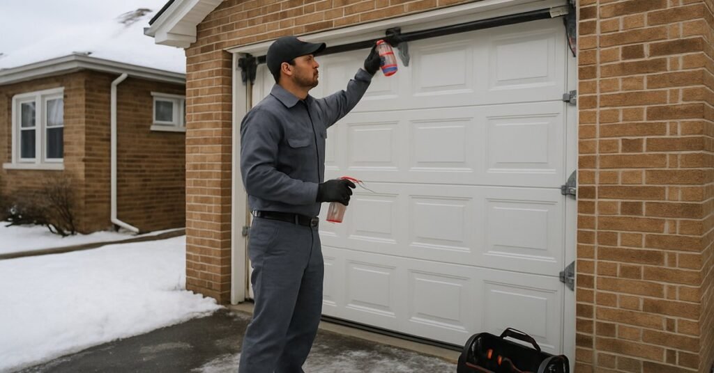A technician performing garage door maintenance on a brick Chicago bungalow in winter with snow on the driveway