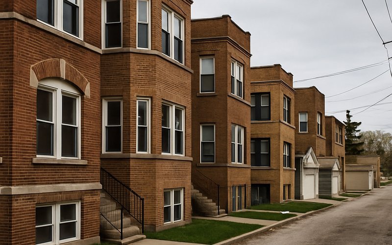 Detached garages behind brick two-flats in a Chicago neighborhood where garage door maintenance calls are most common