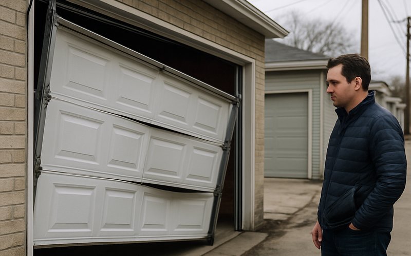 Broken garage door off its tracks in a Chicago alley illustrating the cost of skipping regular maintenance