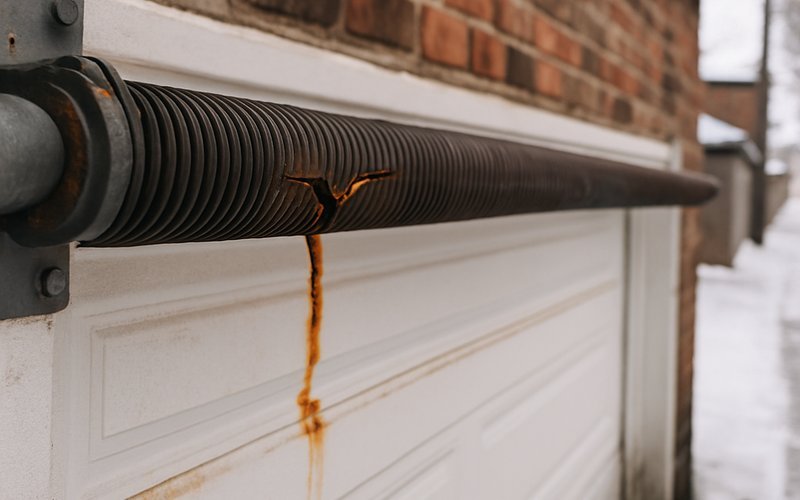 Cracked garage door spring damaged by Chicago winter freeze-thaw cycles showing why seasonal maintenance matters
