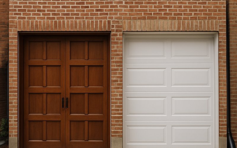 Wood carriage-style and insulated steel garage doors compared on a Chicago brick two-car garage