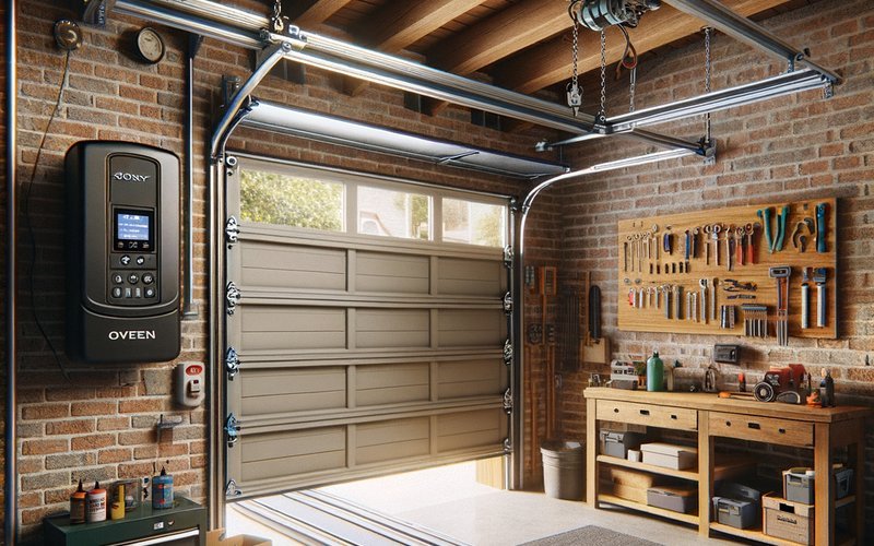 Modern low-headroom garage door opener installed inside a vintage alley-access garage in Arlington Heights on a Chicago two-flat style property