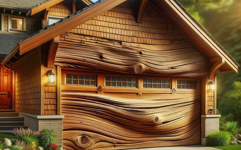 Warped wood garage door panel on an Oak Park Illinois craftsman home showing summer humidity damage common in the Chicago area