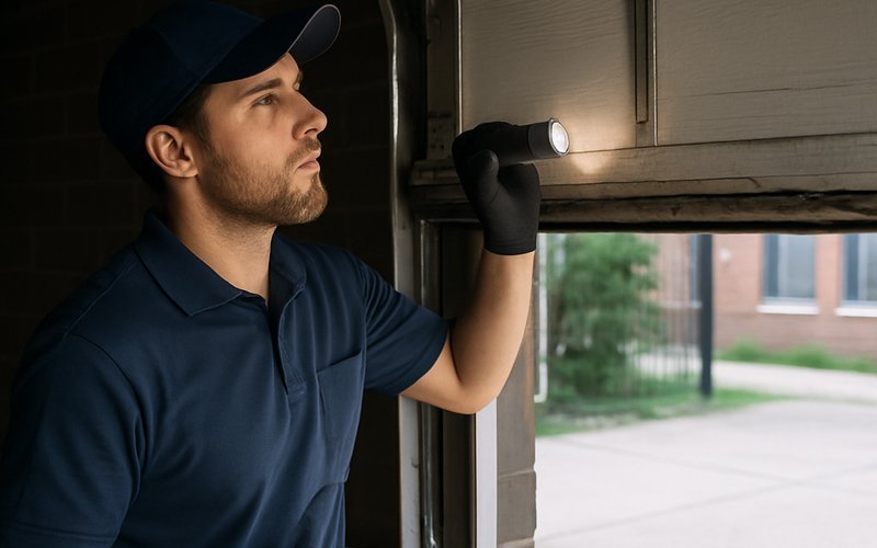 A garage door technician inspecting springs and cables inside a Chicago garage before weatherproofing repairs