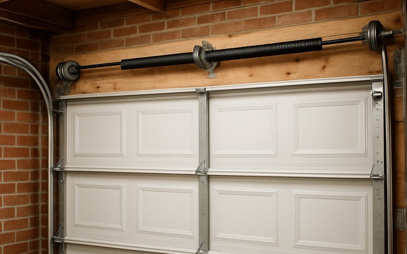 Torsion spring and cable system on a residential garage door undergoing repair in Chicago