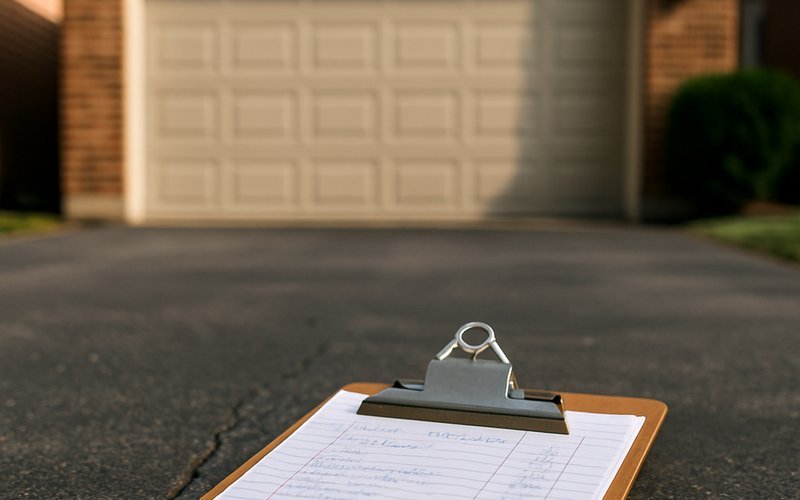 A garage door repair cost estimate on a clipboard in front of a Chicago residential garage