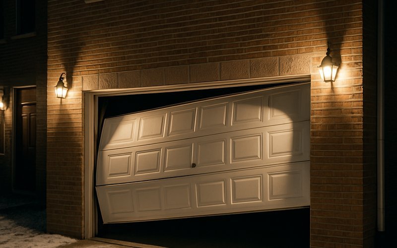 A garage door off its tracks outside a Chicago home requiring emergency repair service