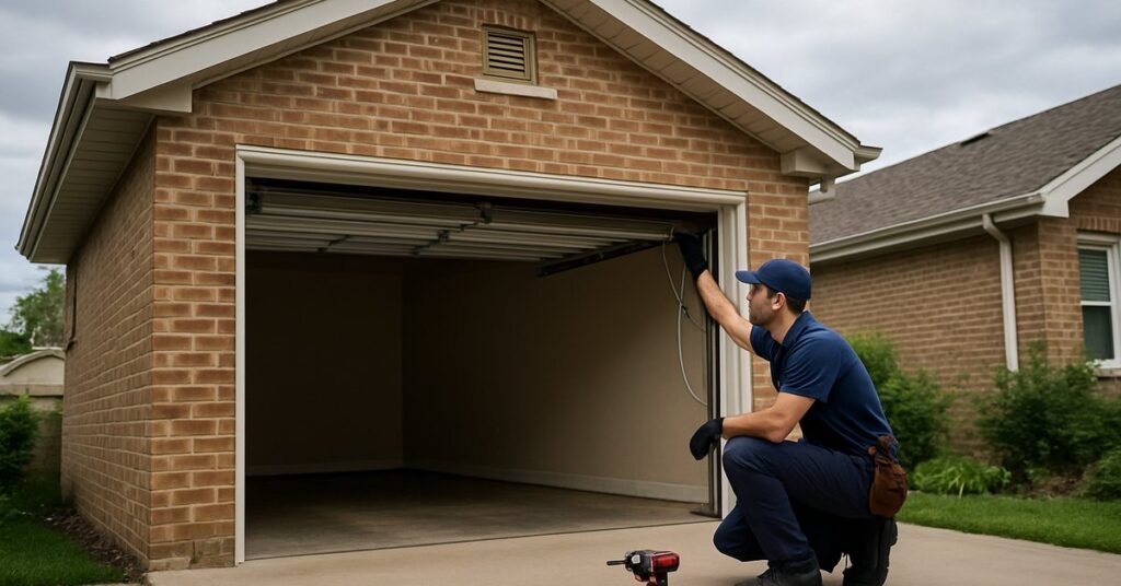 A garage door repair technician inspecting the spring and cable system on a brick bungalow in Chicago, IL