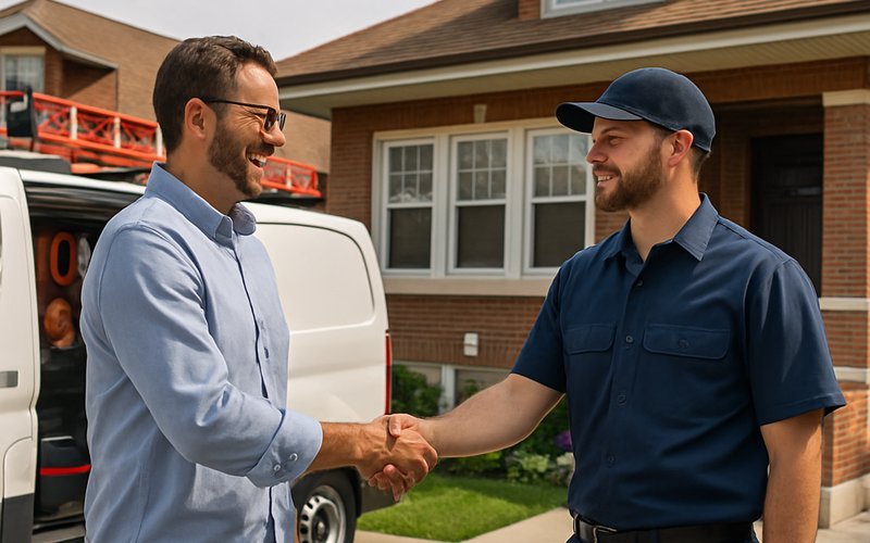 A Chicago homeowner hiring a licensed garage door repair technician outside their home