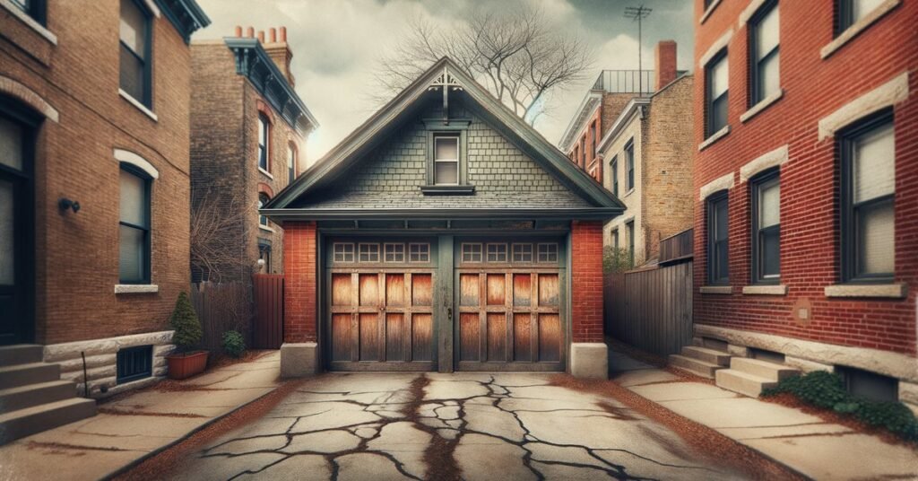 Alley-access garage on a Chicago two-flat greystone building in Arlington Heights showing aging wooden overhead door and brick masonry jambs