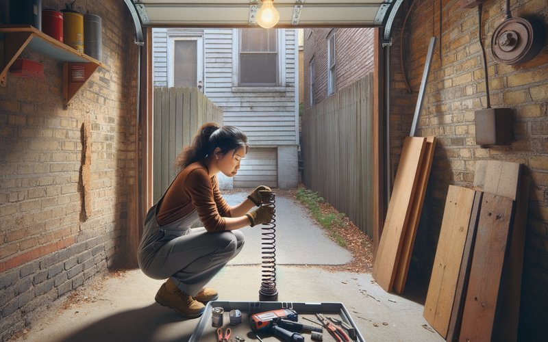 Technician repairing torsion spring on an alley-access garage door in Arlington Heights, typical of older Chicago two-flat greystone structures