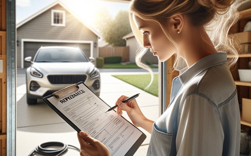 Homeowner reviewing emergency garage door repair cost estimate on a clipboard in an Arlington Heights driveway