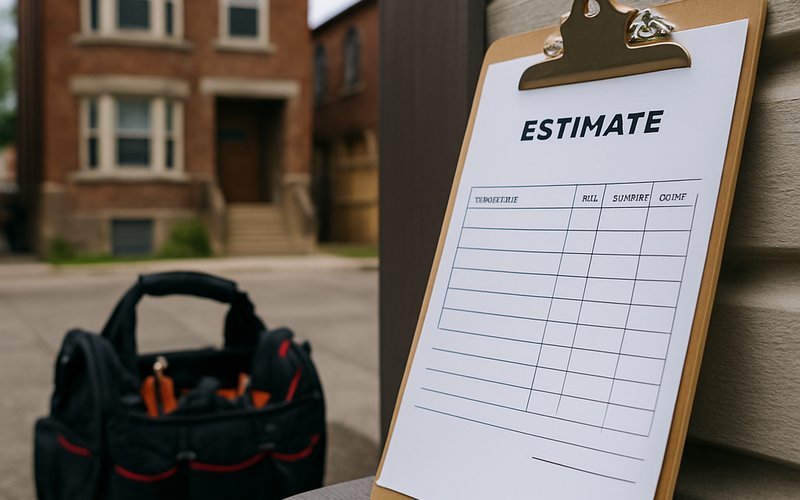 Garage door repair cost estimate on a clipboard in a Chicago residential alley setting