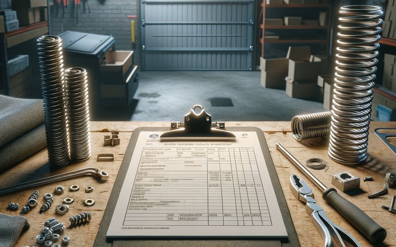 A legitimate emergency garage door repair invoice in Morton Grove IL showing itemized parts and labor costs next to torsion springs and cables